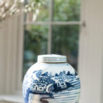 River Landscape Lidded Round Storage Jar