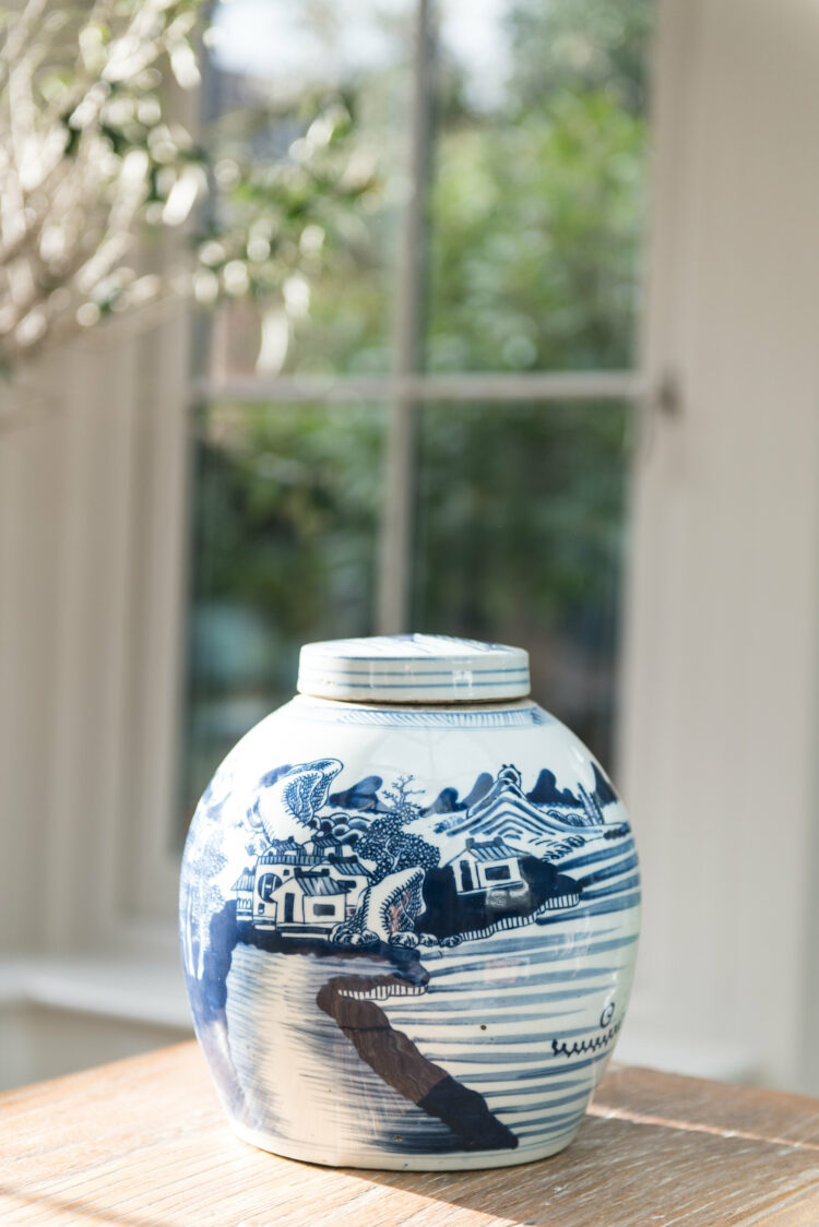 River Landscape Lidded Round Storage Jar