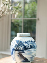 River Landscape Lidded Round Storage Jar